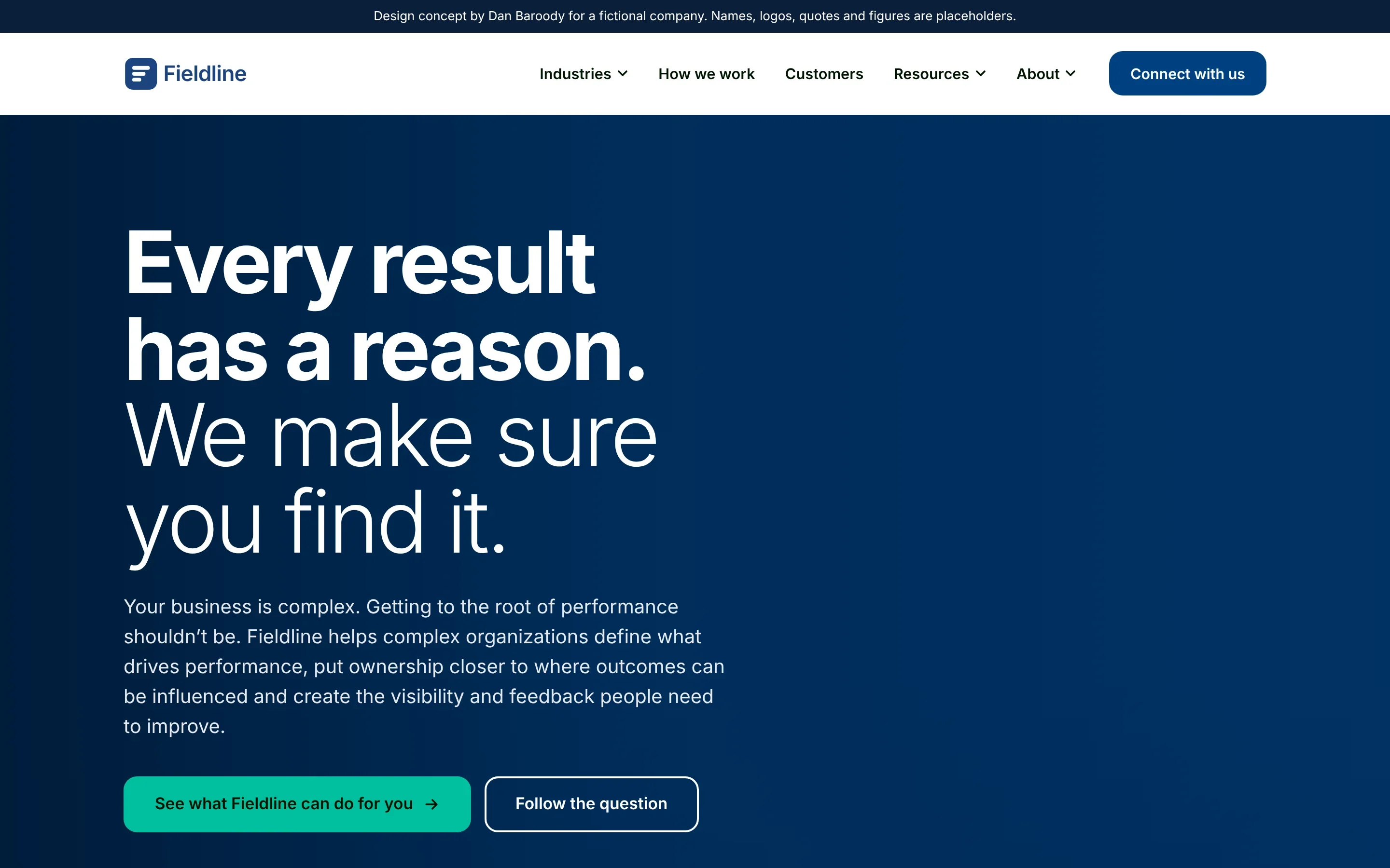 Fieldline home page hero: Every result has a reason, we make sure you find it, with three proof points below.