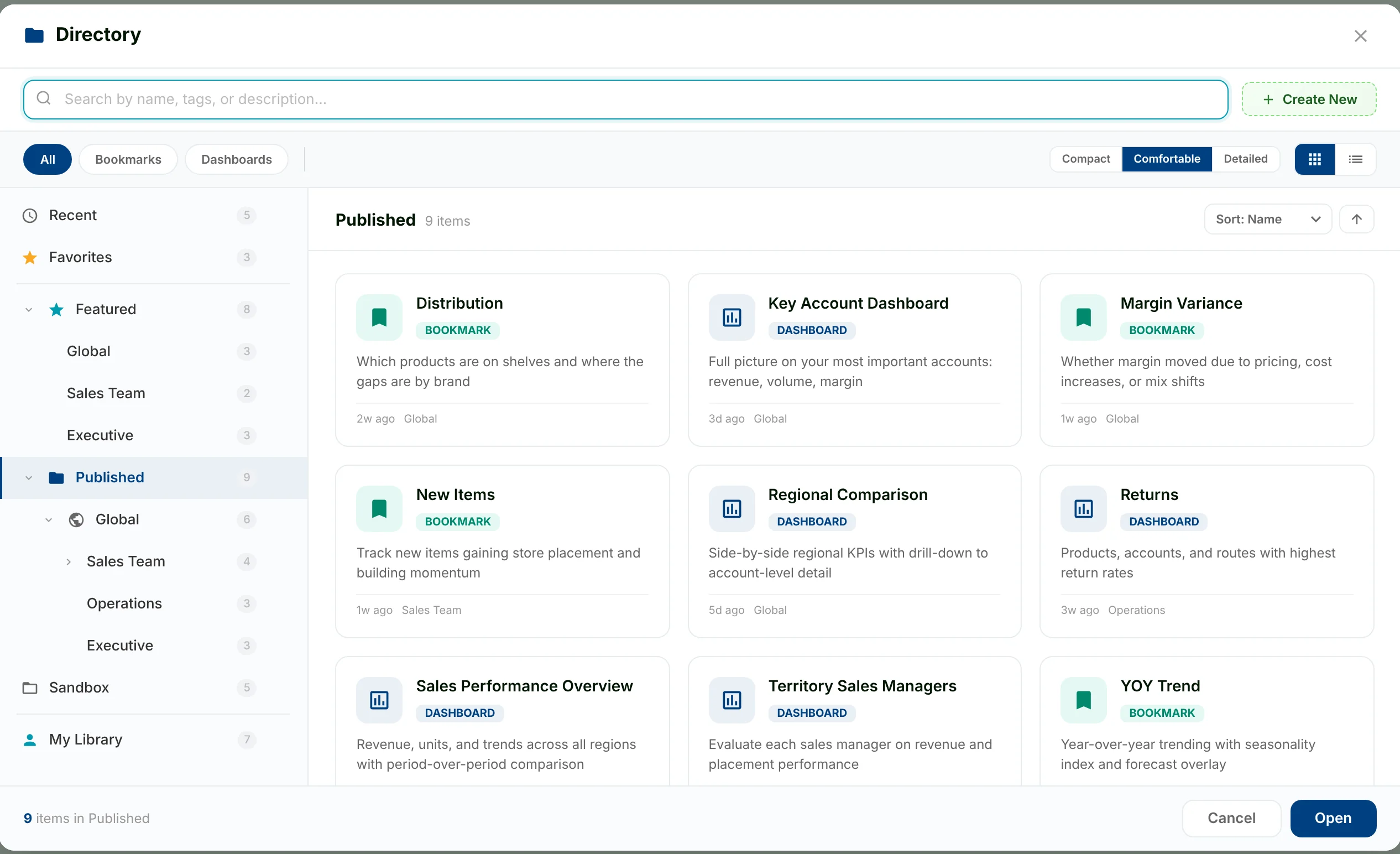 Directory dialog in grid view: search across the top, a folder tree on the left, and dashboard and bookmark cards.