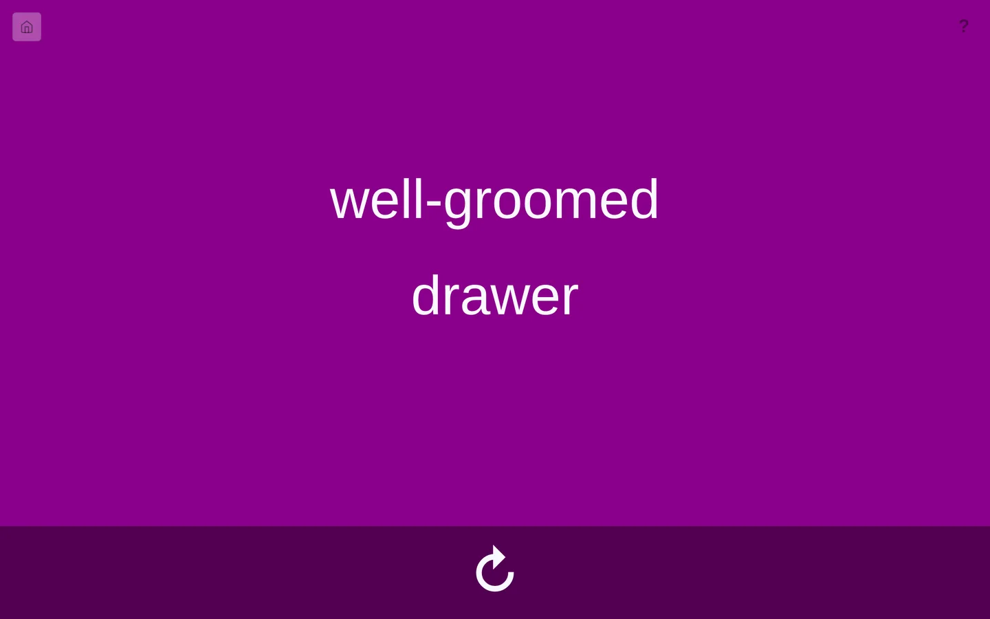Creative Spark: the words well-groomed and drawer in large white type on a purple background, with a refresh button below.