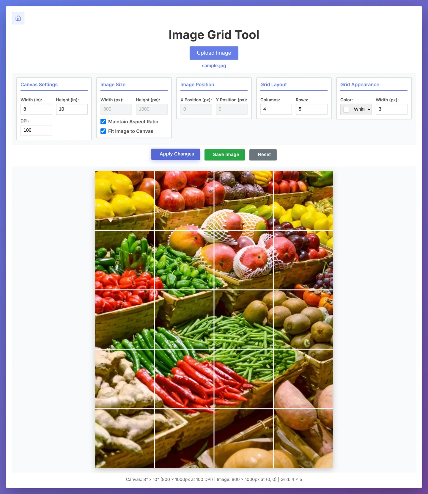 Image Grid Tool: canvas, image size, position, grid layout and grid appearance controls above a photo of a produce market divided by a white four by five grid.