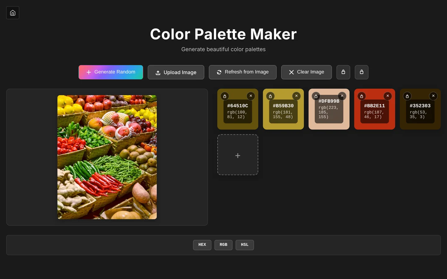 Color Palette Maker: a produce market photo beside five extracted swatches, from olive and mustard to peach, red and dark brown, each with HEX and RGB values.
