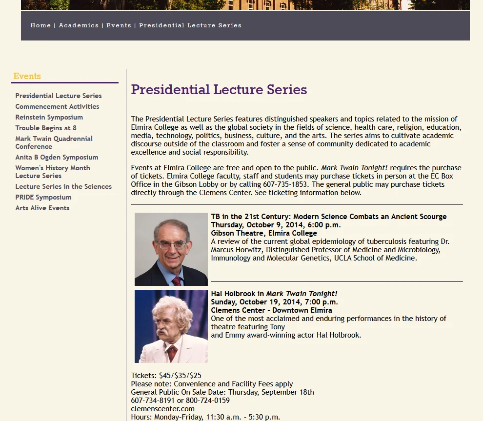 Presidential Lecture Series page with a breadcrumb trail, a left-hand list of event series, and event listings with photos, dates and locations.