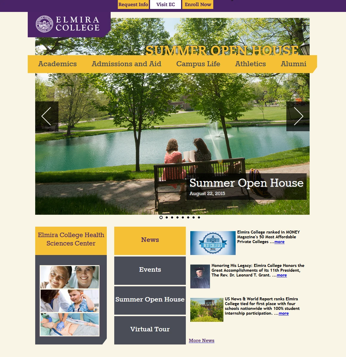 Elmira College home page: purple top bar with Request Info, Visit EC and Enroll Now, gold main navigation, a Summer Open House photo slider, and News, Events and Virtual Tour links below.