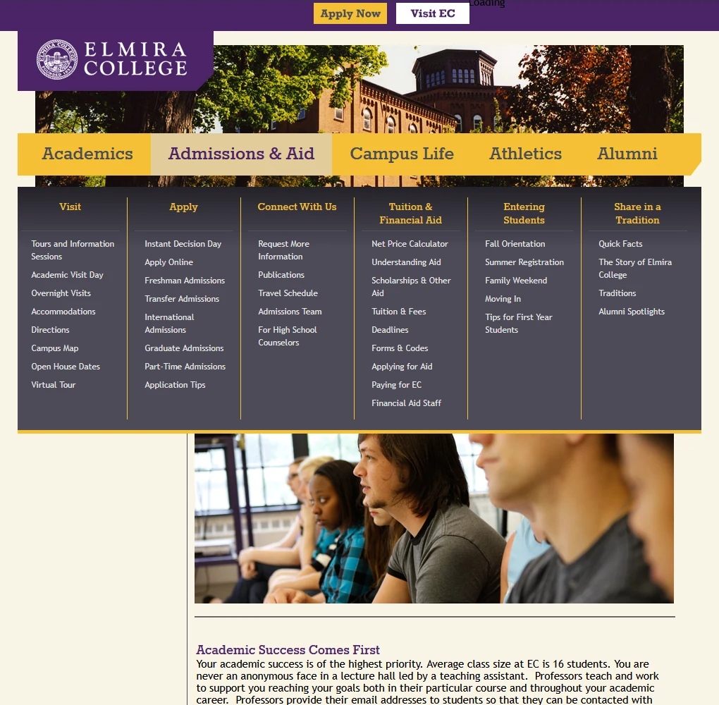 The Admissions and Aid menu open, showing six columns: Visit, Apply, Connect With Us, Tuition and Financial Aid, Entering Students, and Share in a Tradition.