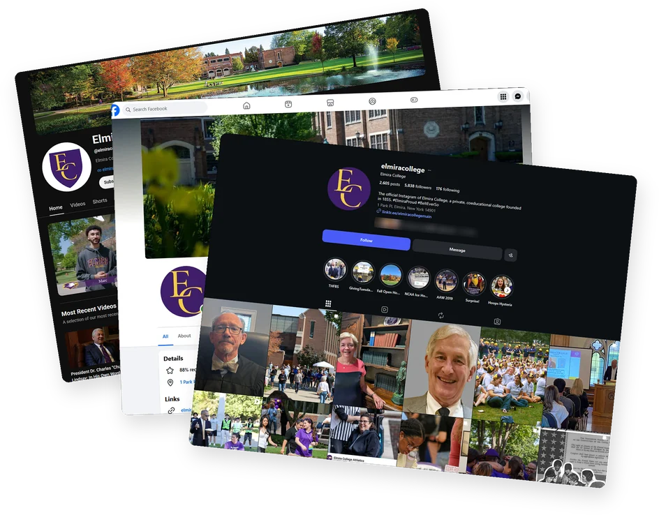 Elmira College's YouTube, Facebook and Instagram pages, fanned out in a stack.