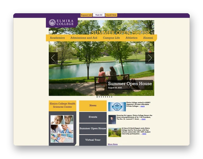 The redesigned Elmira College home page: purple and gold navigation, a Summer Open House photo slider, and news and events below.