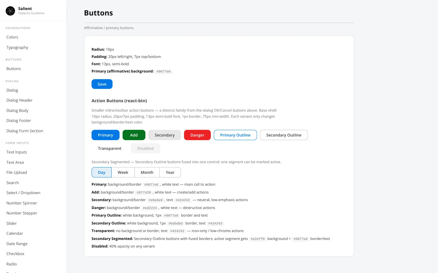 Pattern guide, Buttons: primary, add, secondary, danger and outline buttons with their specs.