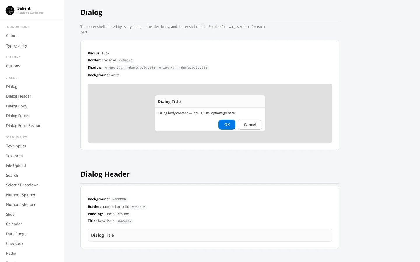 Pattern guide, Dialog: the shared dialog shell with its radius, border and shadow specs, and the dialog header.