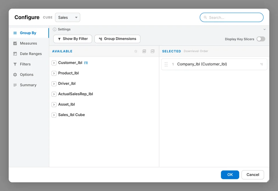 Configure dialog with tabs for Group By, Measures, Date Ranges, Filters, Options and Summary, and available and selected lists side by side.